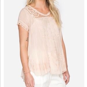 Johnny Was Soft Peach Melrose Elegant Lace Detail Sheer Blouse Sz. M